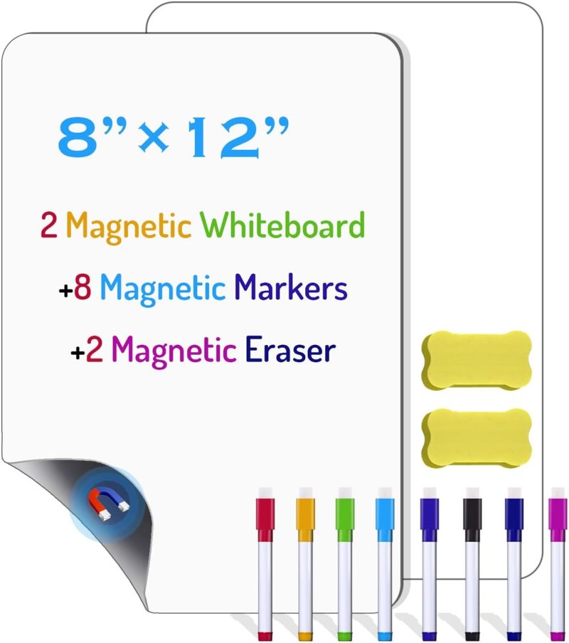 2 Pack PET Magnetic Whiteboard for Fridge, Small Magnetic Dry Erase Boards with 8 Markers and 2 Eraser, Reusable Blank Magnet White Board Sheets for Home, Kitchen, Office, Classroom - 12" x 8"