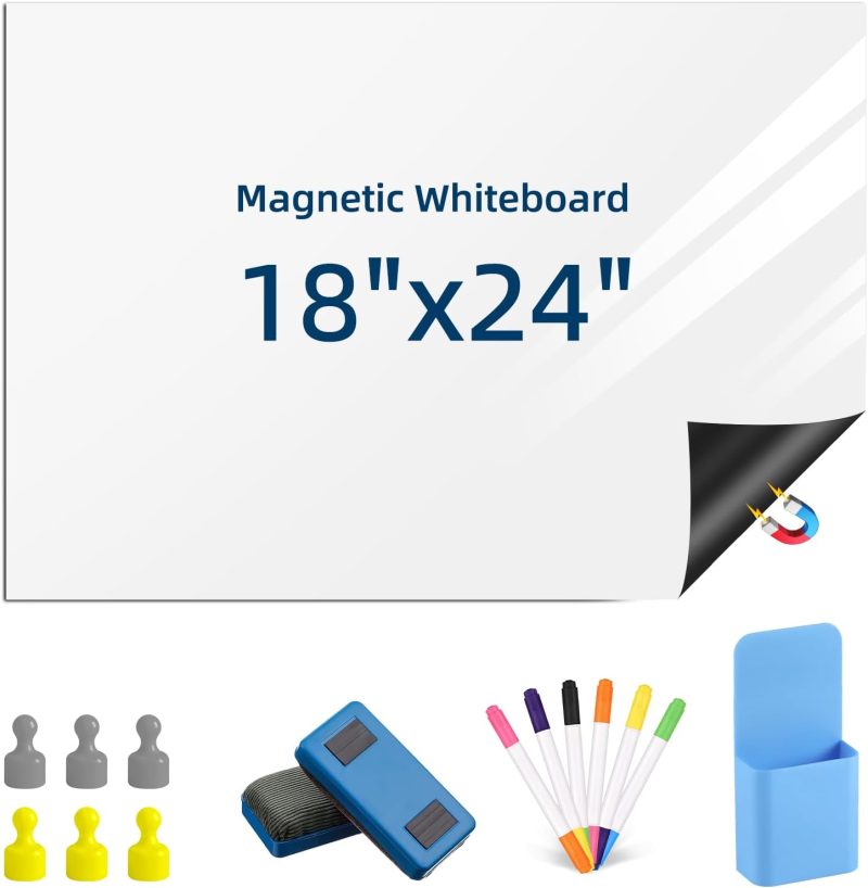 Magnetic Dry Erase Whiteboard Paper 18" x 24",  Fridge White Board on Wall for Organizer and Planner, Kitchen Refrigerator Shopping List with Marker, Magnetic Eraser and Magnets