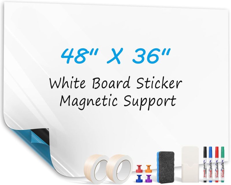 48" x 36" White Board Sticker on Wall, Magnetic Dry Erase Board, Easy to Write and Clean Magnetic Board for Kids, Office, Home, with Marker, Eraser