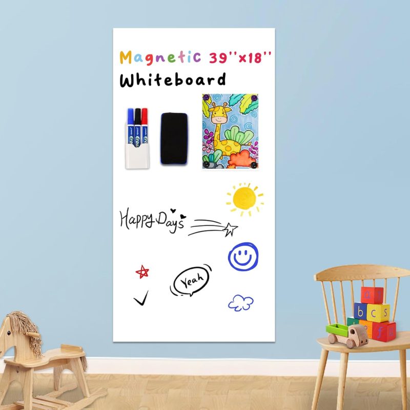 Magnetic Whiteboard Contact Paper 39" x 18”,  Adhesive Magnetic Dry Erase White Board Sticker for Wall, Peel and Stick Wallpaper, Easy to Write and Clean for Kids Playroom Office