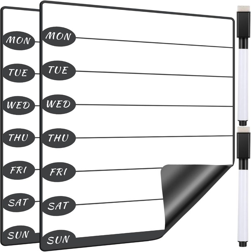 2 Pieces Magnetic Weekly Dry Erase Boards Erasable Weekly Calendars Whiteboard Planners with 2 Pieces Markers for Office School Supplies (Cute Style)