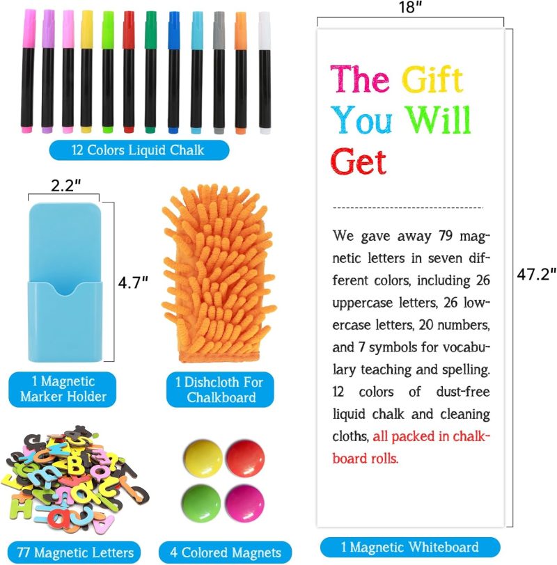Magnetic Whiteboard Contact Paper for Wall 47.2" x 18", Adhesive Magnetic Dry Erase White Board Sticker with 79 Magnetic Letters 12 Liquid Chalk for Kid, Peel and Stick Wallpaper - Image 2