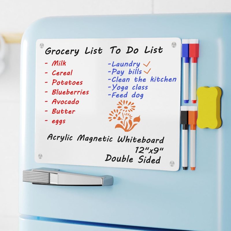 Magnetic Whiteboard Fridge Dry Erase Board, Acrylic Glossy White Planning Board for Refrigerator, 12"x9" Small Double Sided Notepad Memo to Do/Grocery List, Include 1 Eraser, 4 Markers