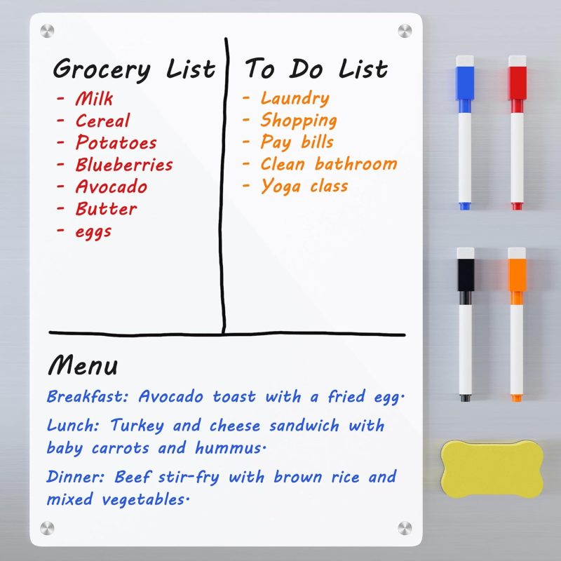 Magnetic Whiteboard Fridge Dry Erase Board, Acrylic Glossy White Planning Board for Refrigerator, 12"x9" Small Double Sided Notepad Memo to Do/Grocery List, Include 1 Eraser, 4 Markers - Image 2
