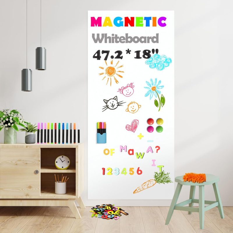 Magnetic Whiteboard Contact Paper for Wall 47.2" x 18", Adhesive Magnetic Dry Erase White Board Sticker with 79 Magnetic Letters 12 Liquid Chalk for Kid, Peel and Stick Wallpaper